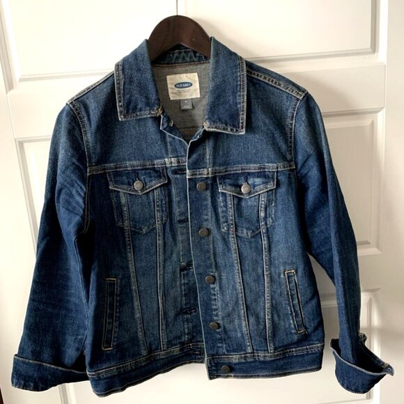 OLD NAVY Button Down Collared Dark Wash Blue Denim Jean Jacket Women's Size M - Picture 1 of 8